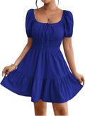 Floerns Women's Boho Square Neck Puff Sleeve Tie Front A-Line Dress