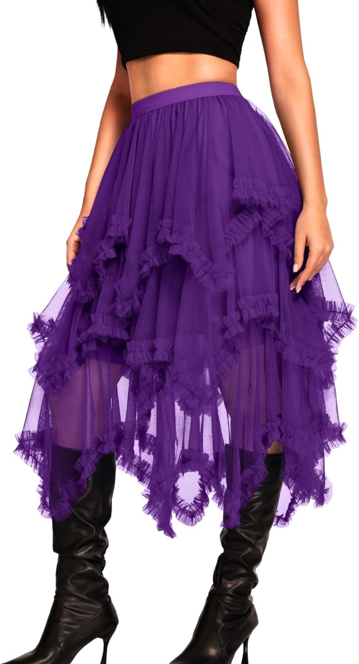 Kaei&Shi Long Tulle Skirt for Women - Asymmetrical Ruffle Design