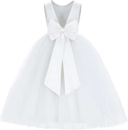 V-Back Satin Flower Girl Dress for Toddler Communion Gown