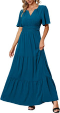Women's Summer Boho Maxi Dress V Neck Short Sleeve - Flowy Beachwear