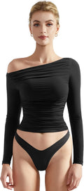 Women Off Shoulder Long Sleeve Fitted Crop Top - Double Lined
