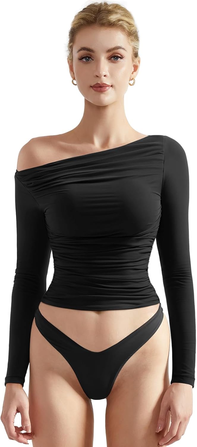 SUUKSESS Off Shoulder Long Sleeve Crop Top for Trendy Style