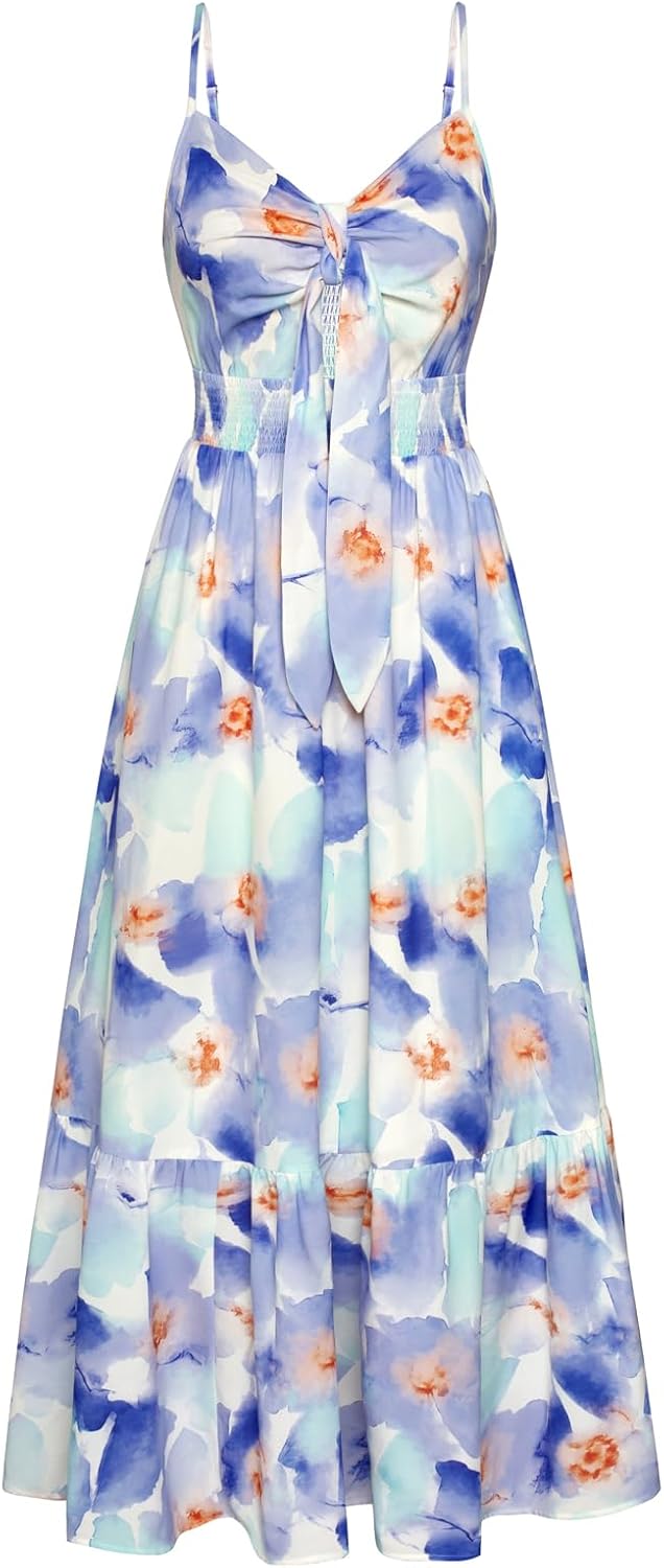 Summer Maxi Dress Floral Tie Front Casual Boho Beach Style