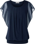 Womens Summer Flutter Sleeve Mesh Blouse - Pleated Front