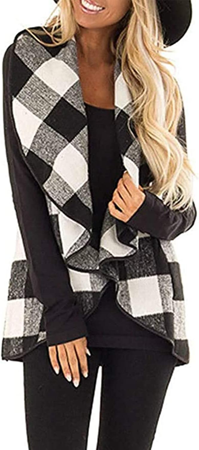 YACUN Women Plaid Vest Open Front Sleeveless Jacket with Pockets