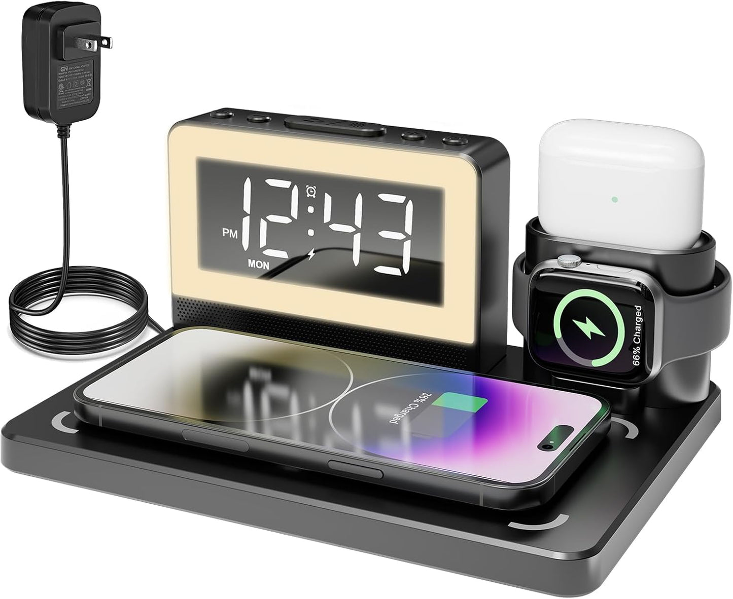 Wireless Fast Charging Station with Alarm Clock and Night Light