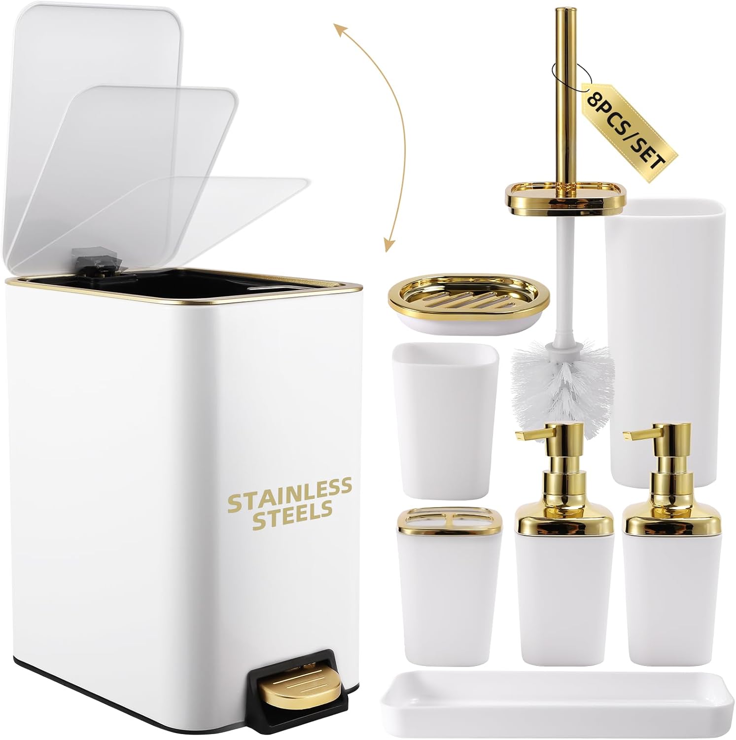 White Bathroom Accessories Set with Gold Touch for Elegance