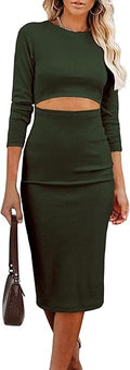 Women's Long Sleeve Midi Bodycon Dress - Fitted Cut Out Knit