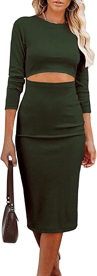 PRETTYGARDEN Women's Long Sleeve Midi Bodycon Dress for Casual Wear