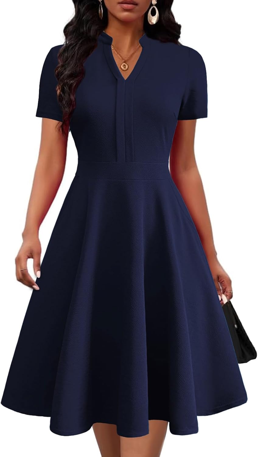 Mokayee Womens Summer Short Sleeve V Neck Fit and Flare Dress