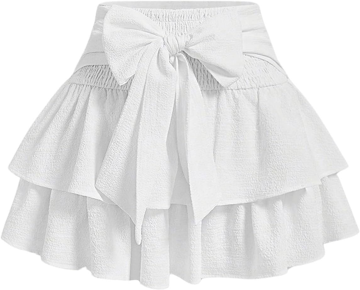 Women's Bow Front Mini Skirt with Shirred Waist and Ruffle Hem