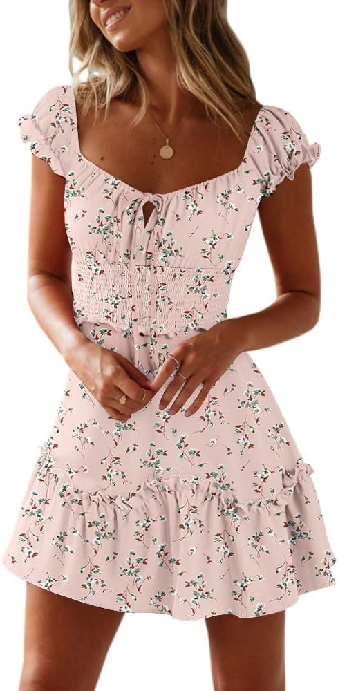 YOBECHO Womens Summer Ruffle Sleeve Sweetheart Neckline Dress