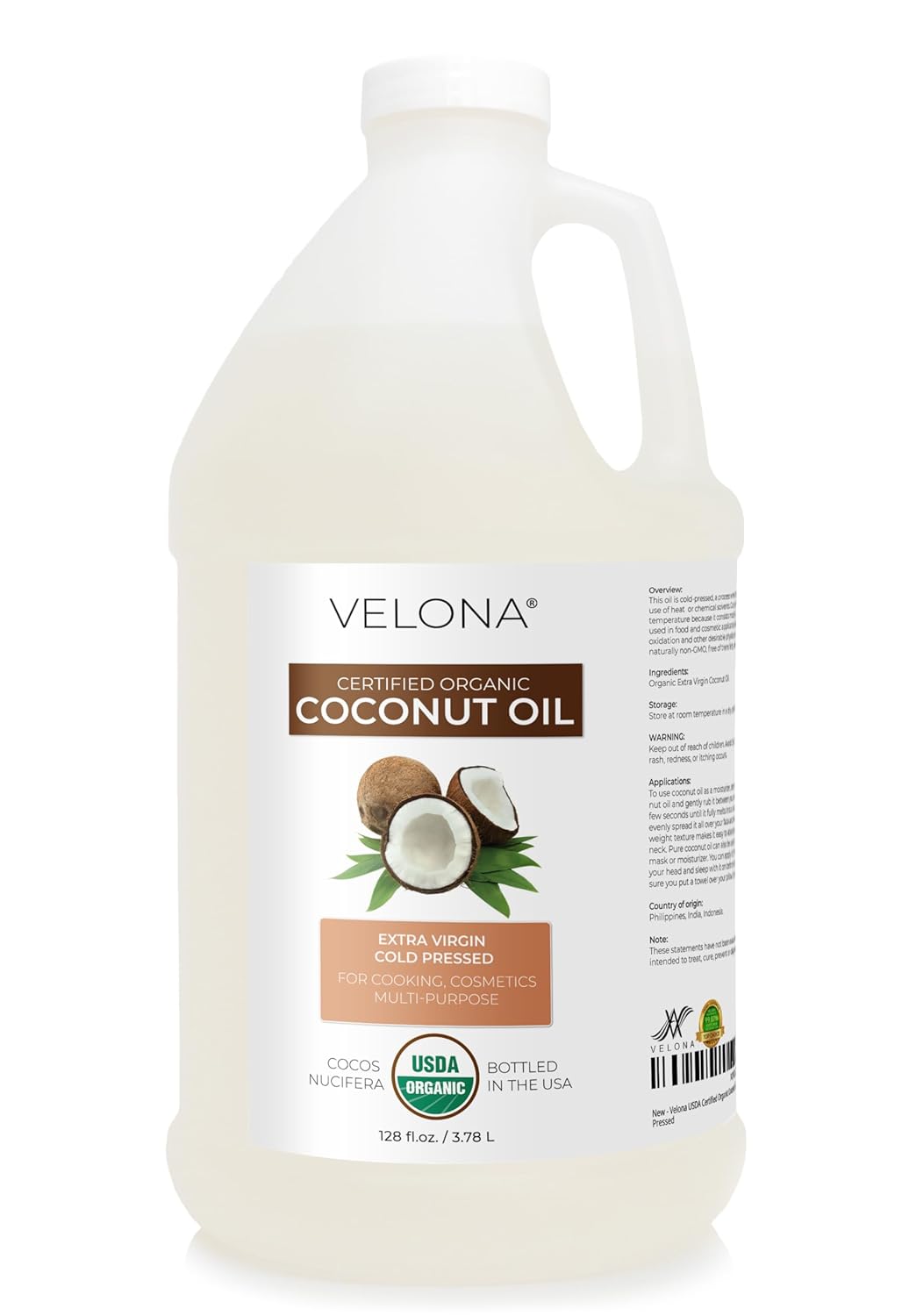 Velona USDA Certified Organic Coconut Oil Extra Virgin - 1 Gallon