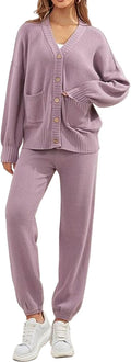 Womens 2 Piece Knit Loungewear Set - Cozy V Neck Cardigan & Pants