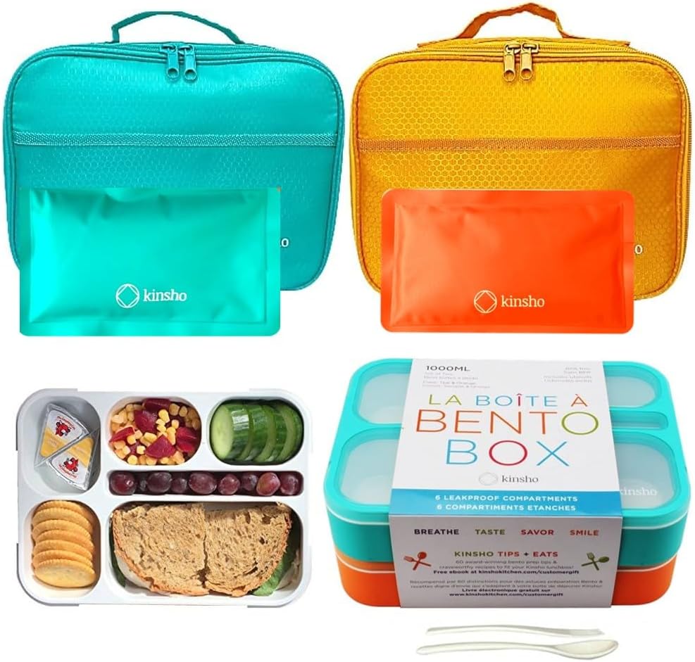 Kinsho Bento Box Set with Insulated Bags and Ice Packs for Lunch