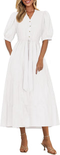 Summer Dresses for Women Short Sleeve V Neck Ruffle Midi - Flowy Fit