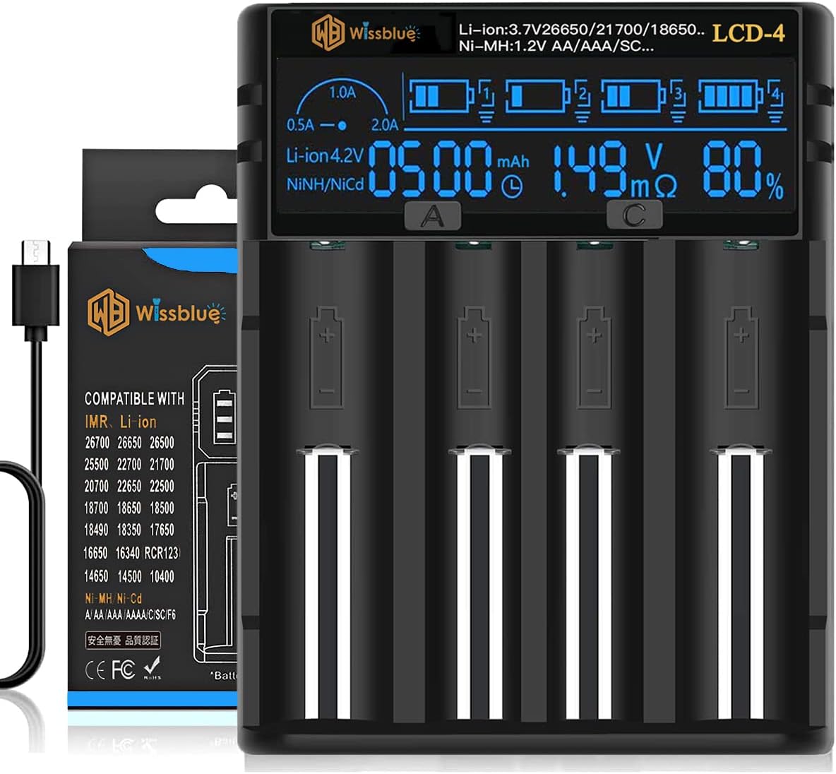 WISSBLUE LCD 18650 Charger | Capacity Display | 2A Fast Charging