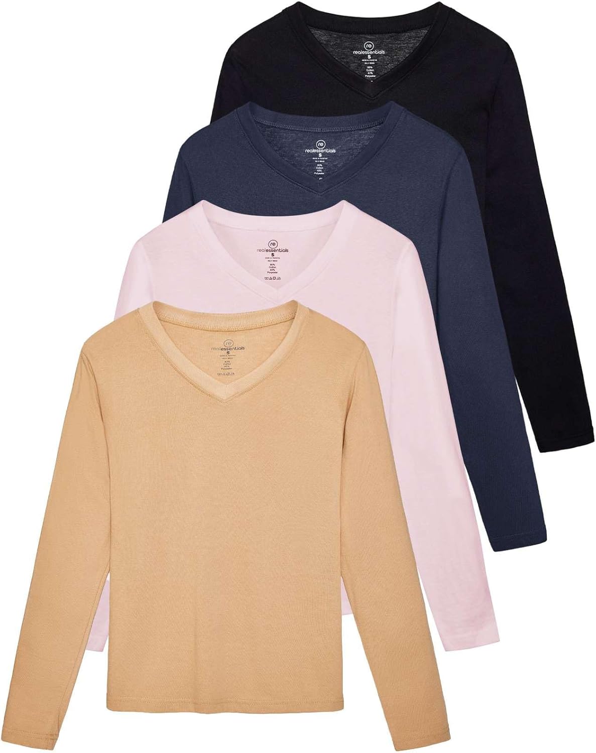 Real Essentials Women's V-Neck Long-Sleeve T-Shirt 4 Pack