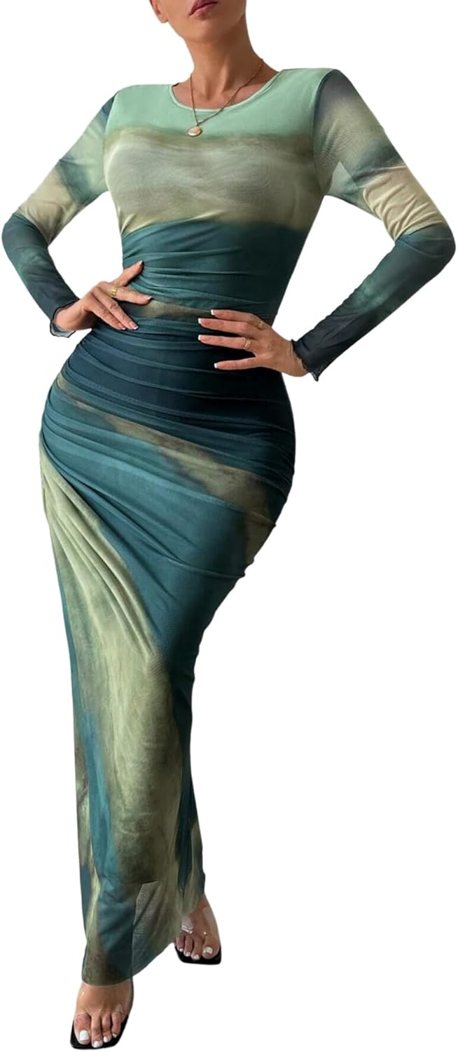 Womens Long Sleeve Maxi Dress Bodycon Ruched Tie Dye Style