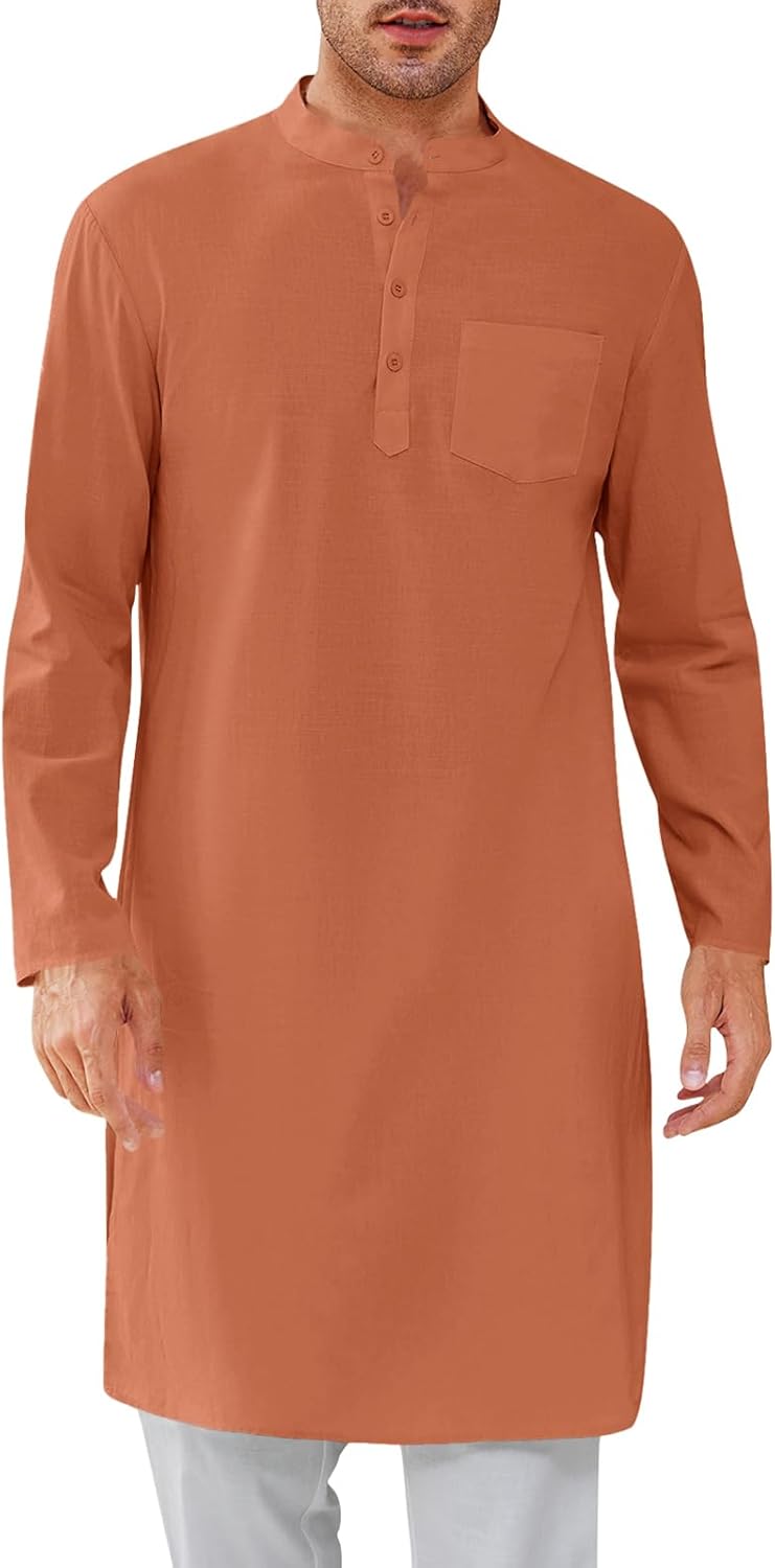 Gafeng Mens Kaftan Robe Button Down Long Sleeve Cotton Thobe