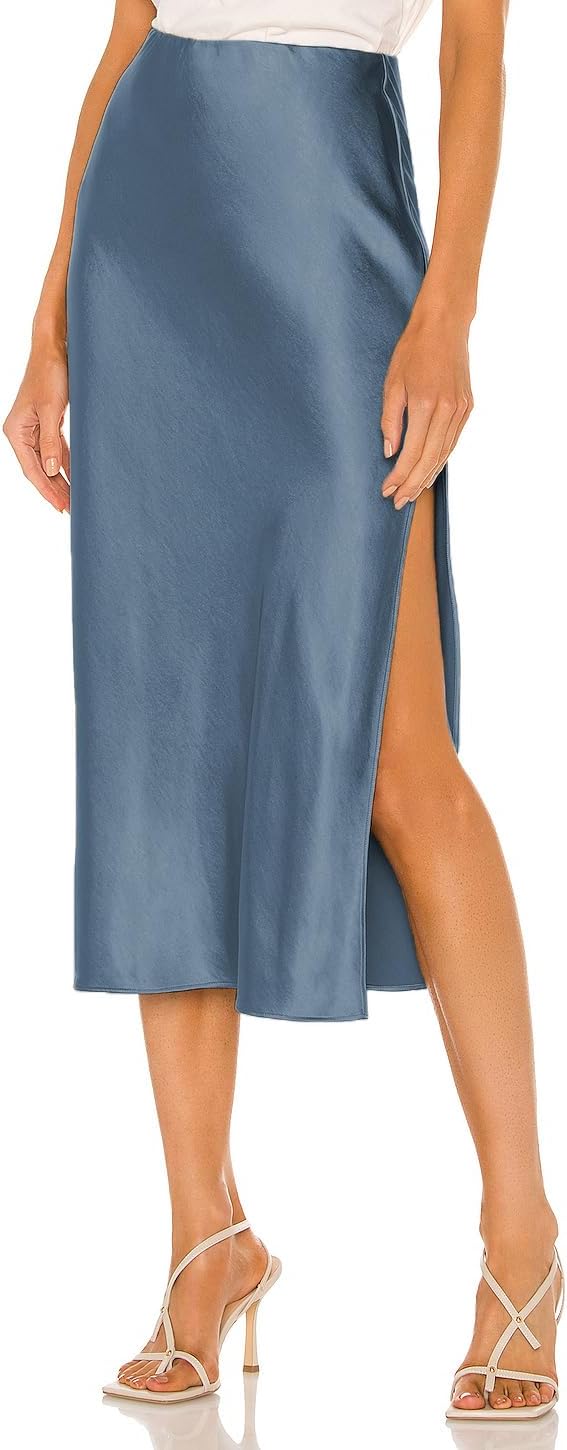 Womens Satin Silk High Waist Slit Midi Skirt for Every Occasion