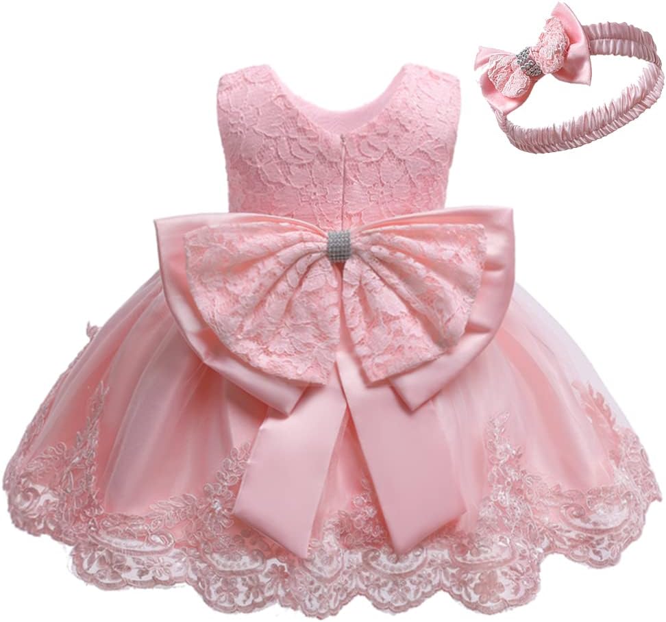 0-6T Baby Girl Party Dress with Lace Embroidery and Headwear