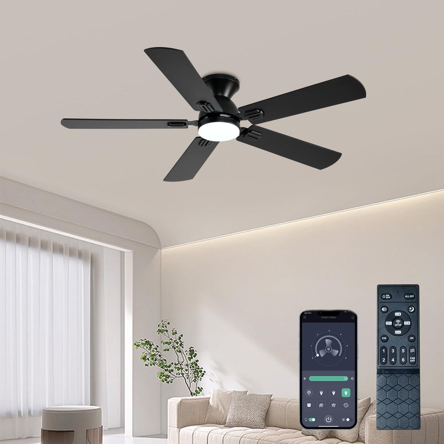 52 Inch Low Profile Ceiling Fan with Light and Remote Control