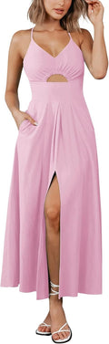Summer Spaghetti Strap Midi Dress with Cutout and Pockets (Style T946)