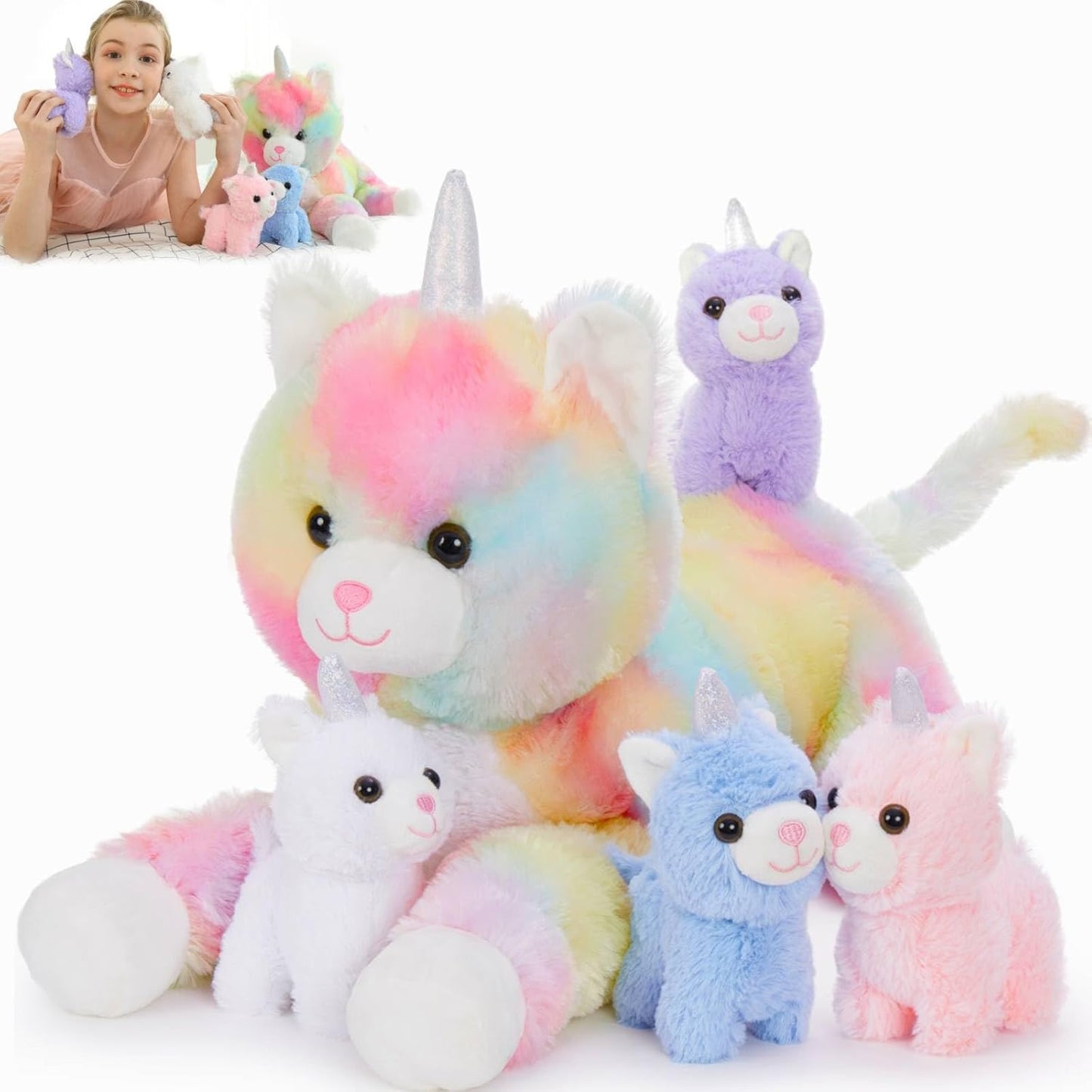 MorisMos Cat Unicorn Stuffed Animal Set with Baby Kittens