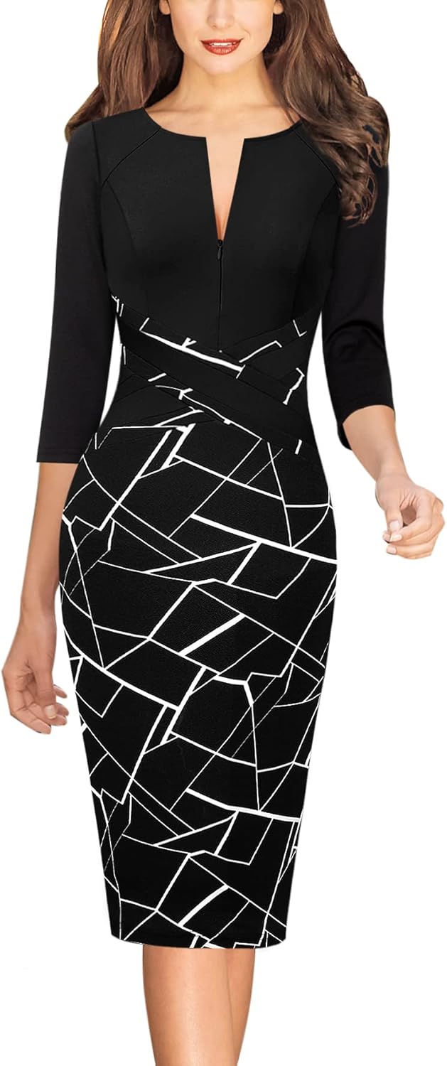 VFSHOW Womens Wear to Work Slim Colorblock Crisscross Dress