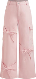 Baggy Low Waisted Wide Straight Leg Bow Jeans for Women - Bow Accent