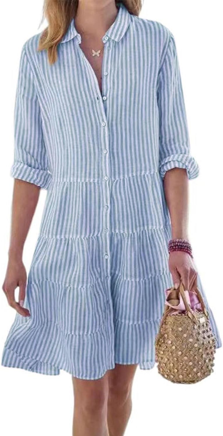 Womens Striped Button Down Midi Shirt Dress for Casual Style