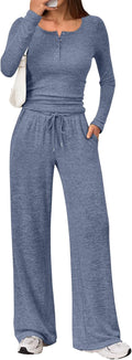 Trendy Queen Women's 2 Piece Henley Neck Lounge Set - Wide Leg Comfort
