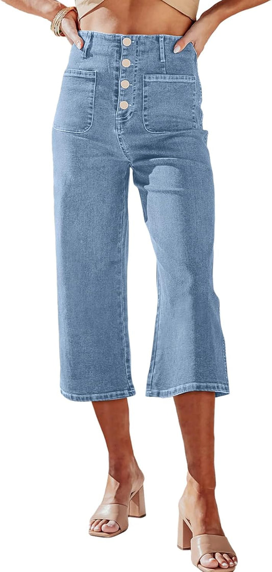 Trendy Wide Leg Jeans for Women - High Waisted Capri Pants