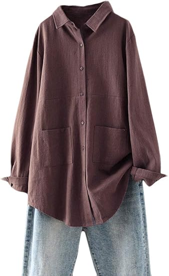 Minibee Women's Linen Shirts Button Down Long Tunic Tops Plus Size