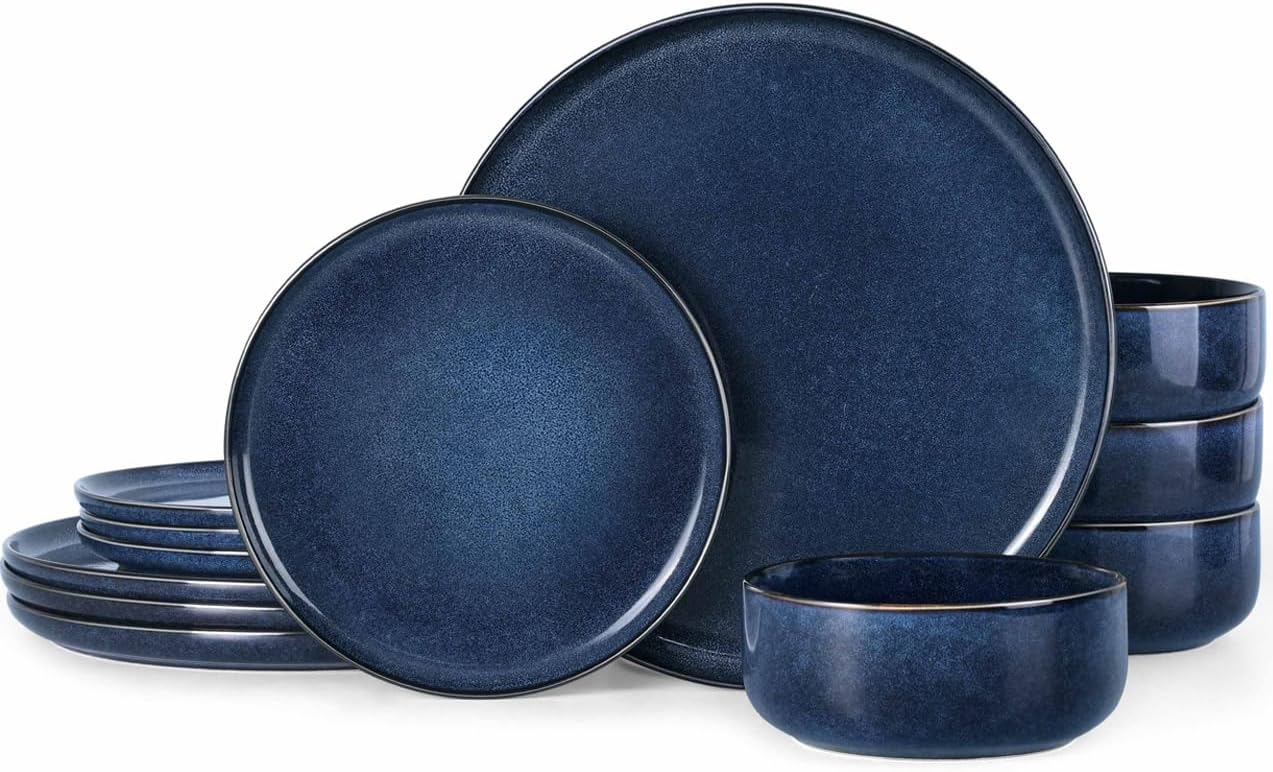 12 Pieces Dinnerware Set for 4, Starry Blue Stoneware Dishes