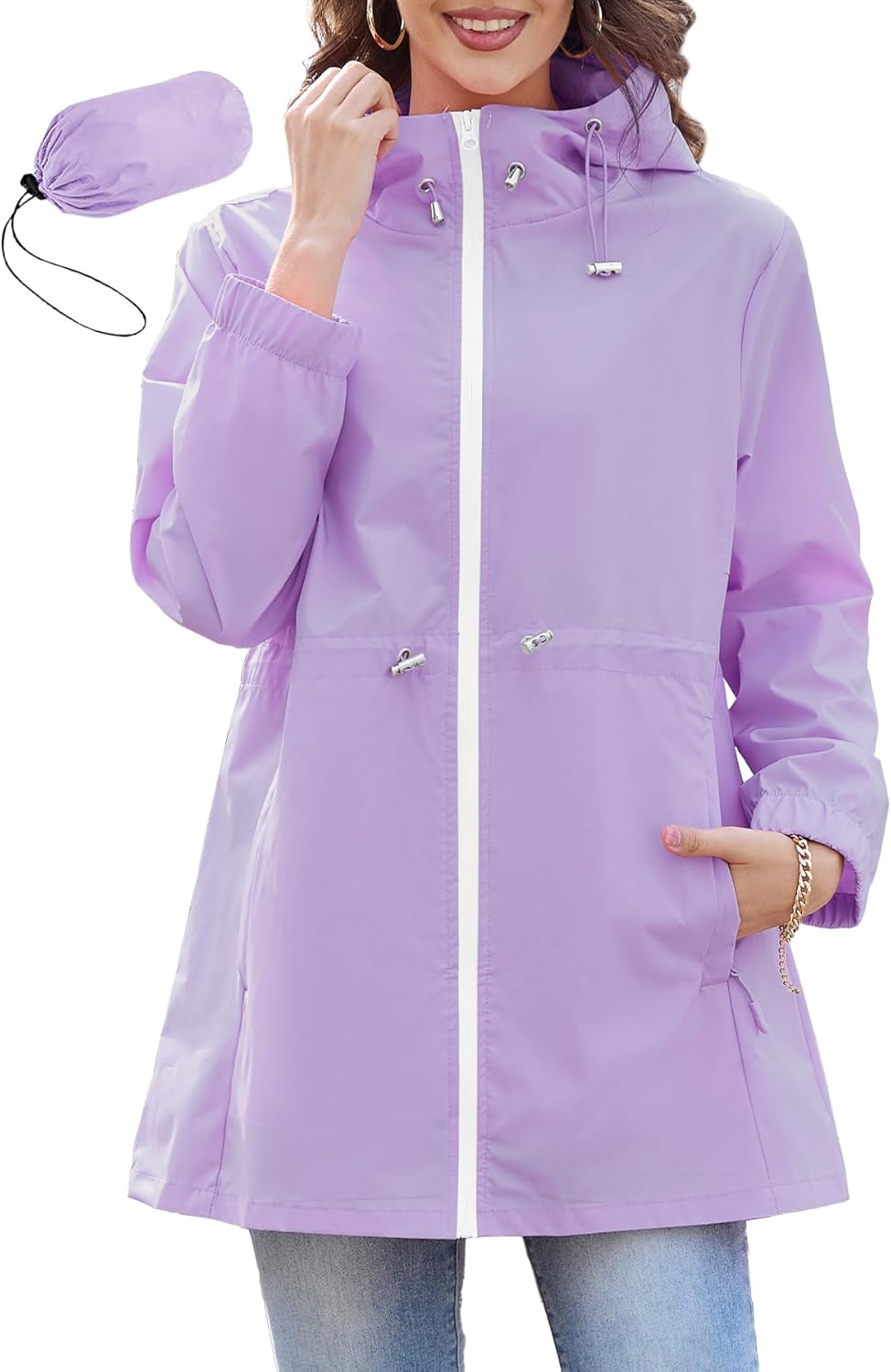 Packable Rain Jacket for Women - Lightweight Waterproof Windbreaker
