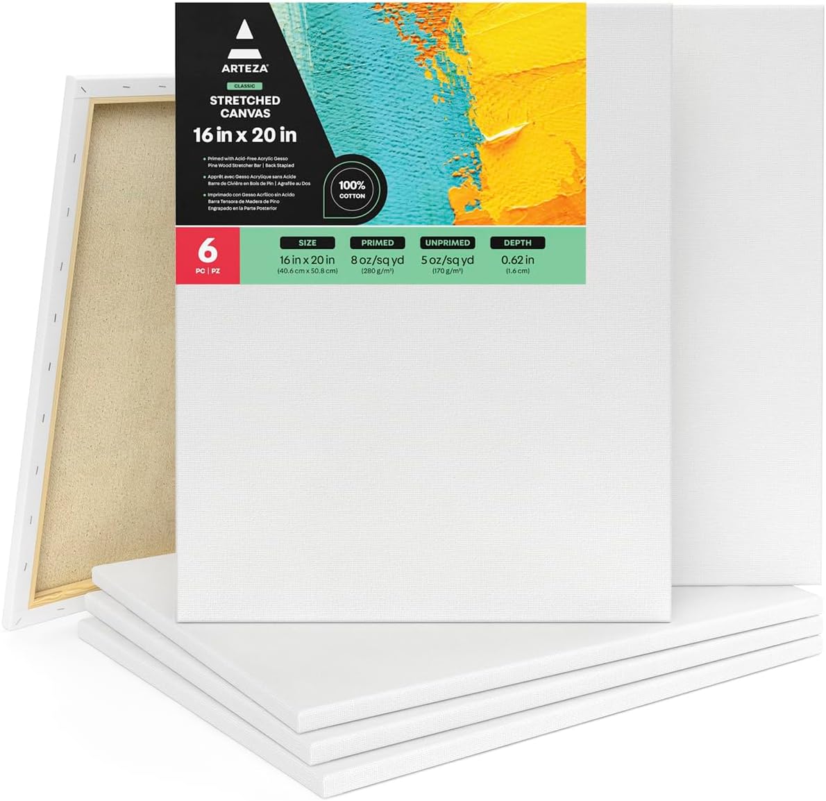 ARTEZA 16 x 20 Inches Stretched Canvas Pack of 6 for Painting
