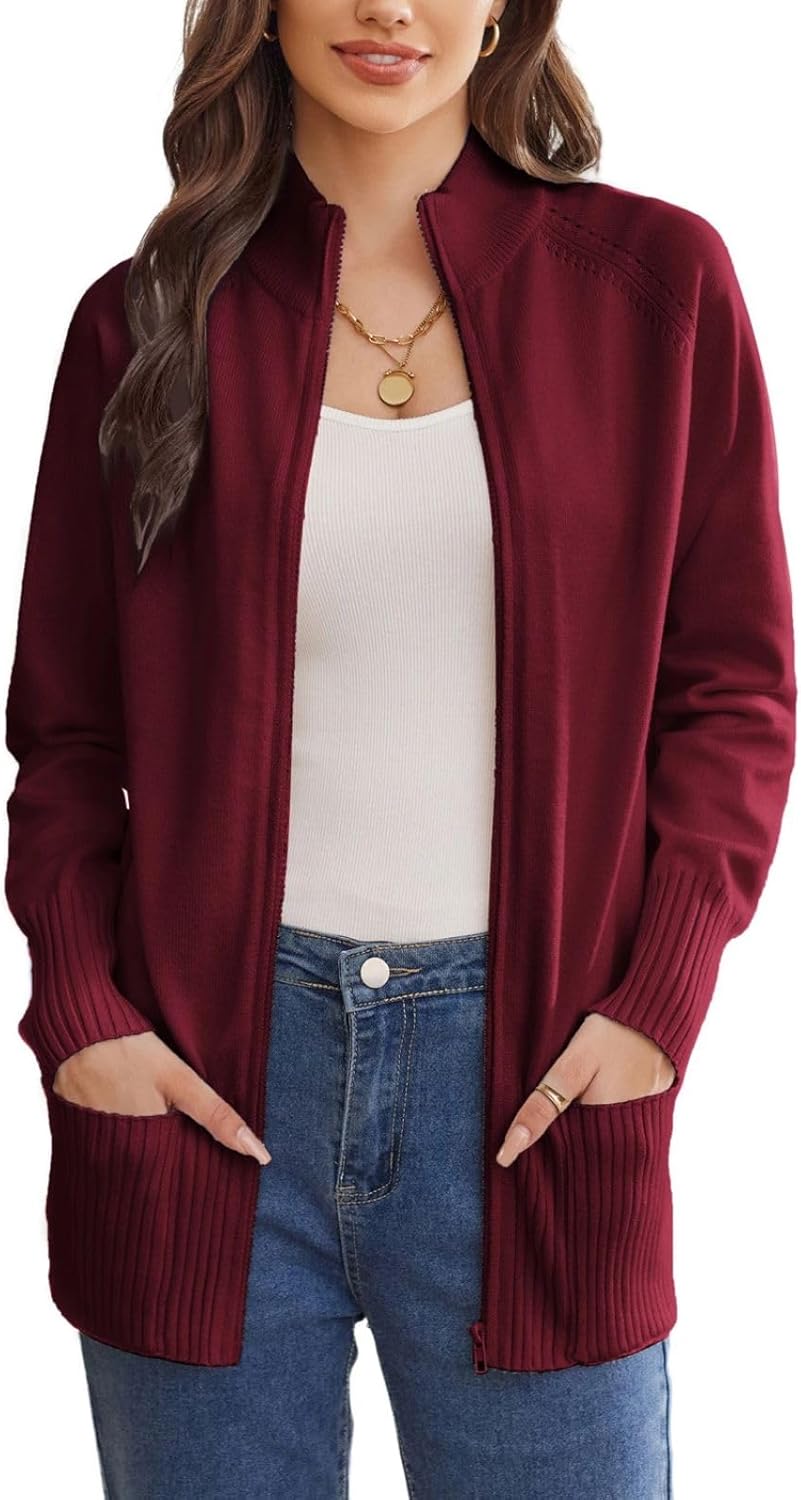 GRACE KARIN Womens Long Sleeve Zip Up Knit Cardigan with Pockets