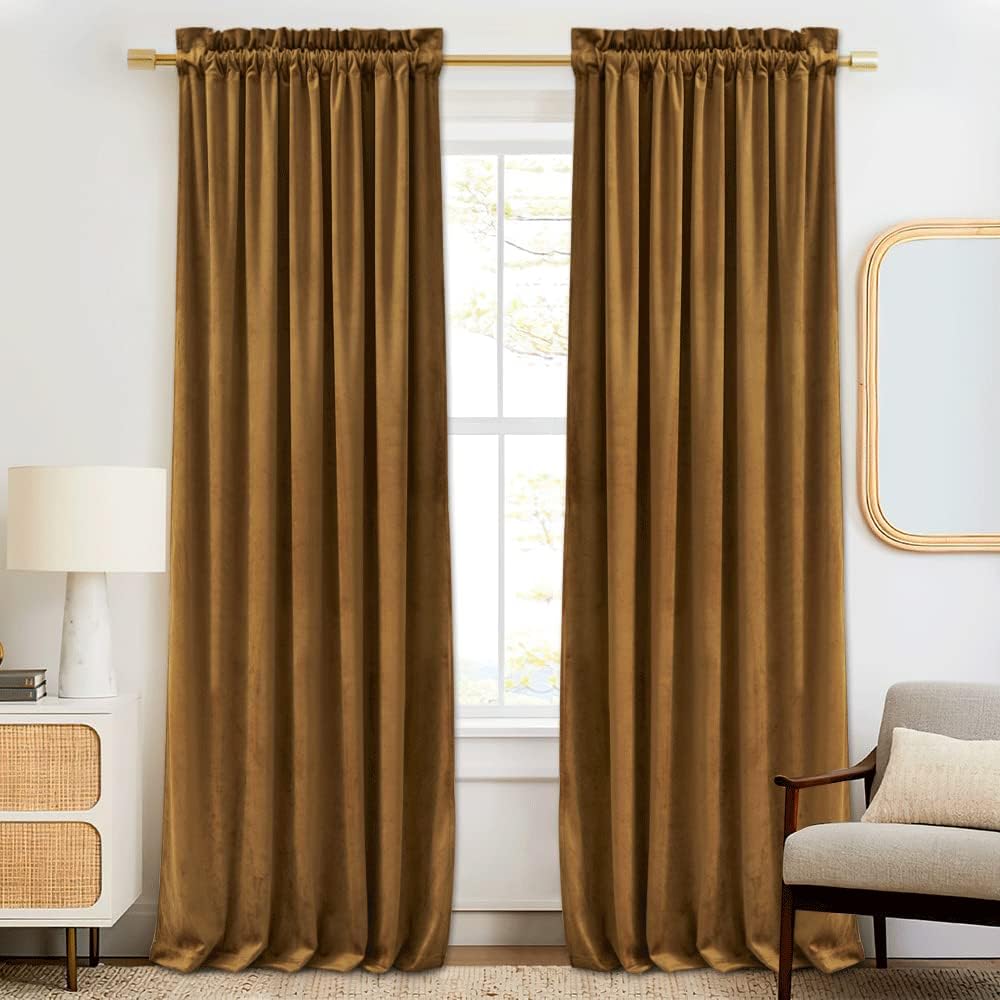 RYB Home Gold Brown Velvet Curtains for Luxury Living Room