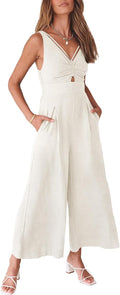 Women's Jumpsuit Wide Leg Sleeveless V Neck - Summer Linen Romper