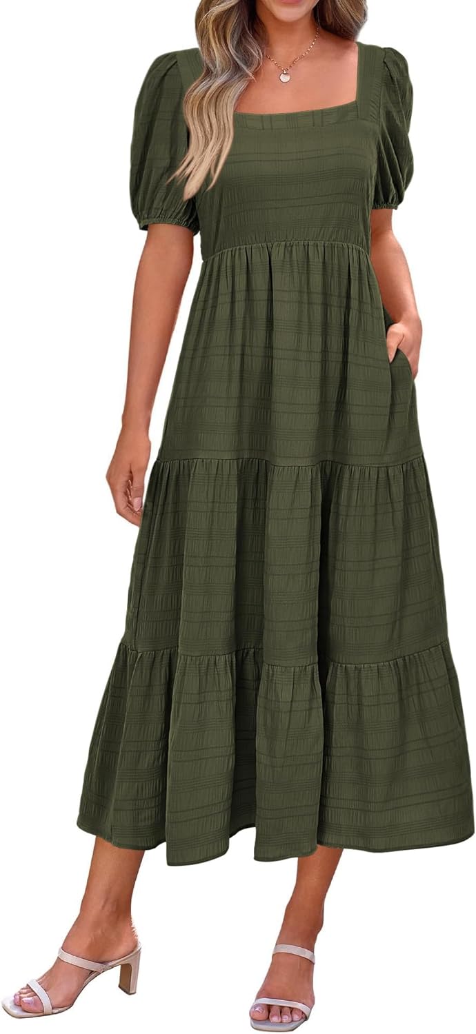 PRETTYGARDEN Women's Summer Dresses 2025 Puff Sleeve Midi Dress
