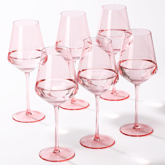 Pink Wine Glasses Set of 6, Handblown Colored Glassware