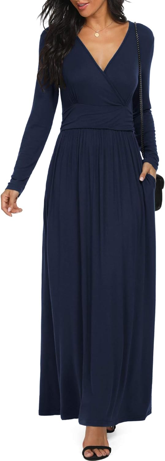 LILBETTER Women Long Sleeve Deep V Neck Maxi Casual Dress