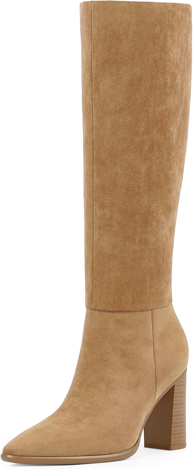 Knee High Boots Women Pointed Toe Chunky Heel Tall Boots