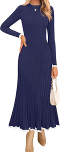 ZESICA Women's Long Sleeve Sweater Dress - Ribbed Pleated A-Line