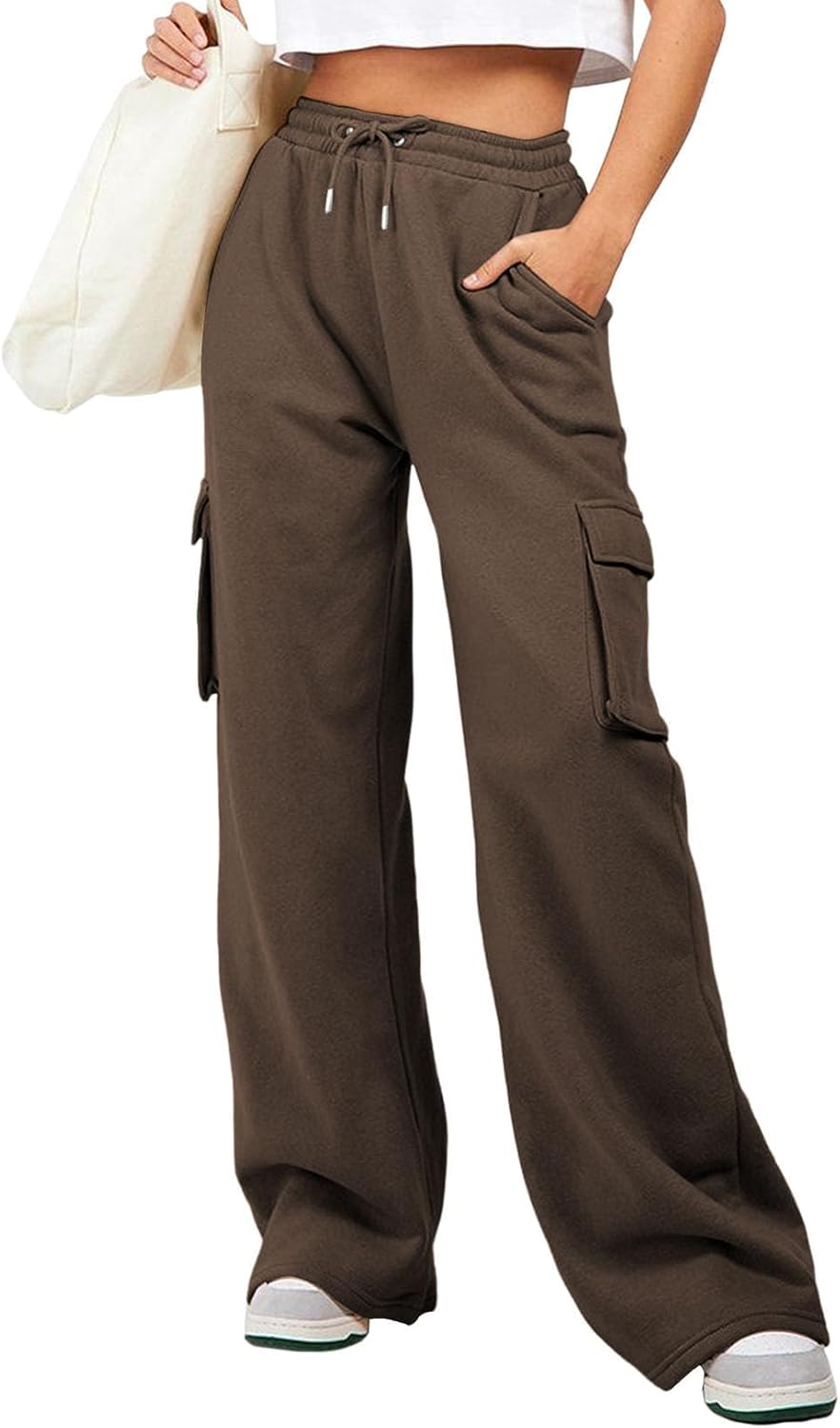 High Waisted Drawstring Wide Leg Cargo Pants for Women