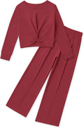Girls Fall Outfits Solid Twist Crop Top and Wide Leg Pant Set