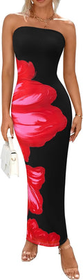 Women Summer Strapless Maxi Dress Bodycon Floral - Elegant Fit