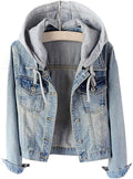Women's Detachable Hoodie Denim Jacket - Washed Blue Casual Fit